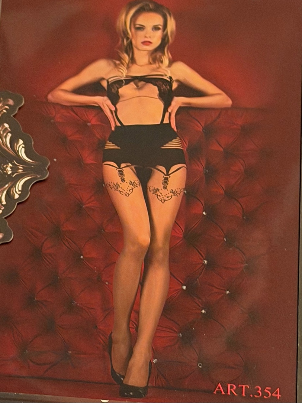 Black Sheer Garter Stockings with Floral Thigh Detail